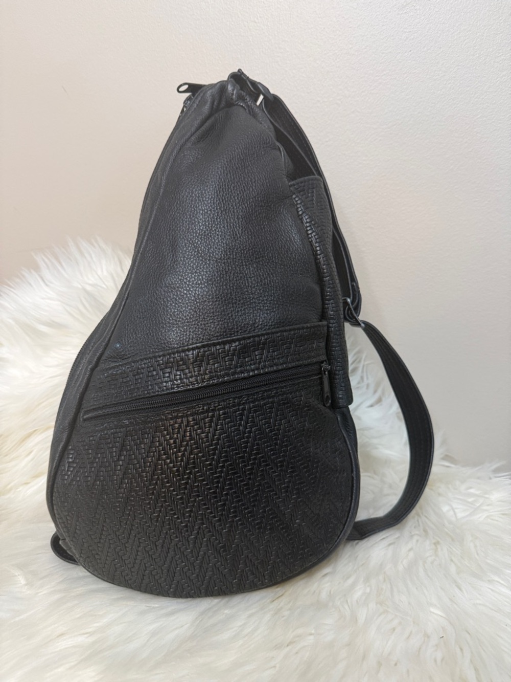 Black Textured Leather Sling Backpack for Men